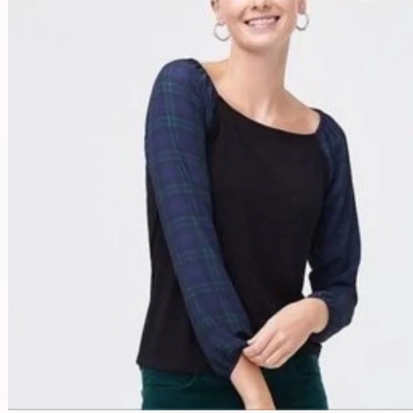 J. Crew Women’s Black Square-neck top with plaid sleeves New with Tag Sz S - Picture 1 of 10